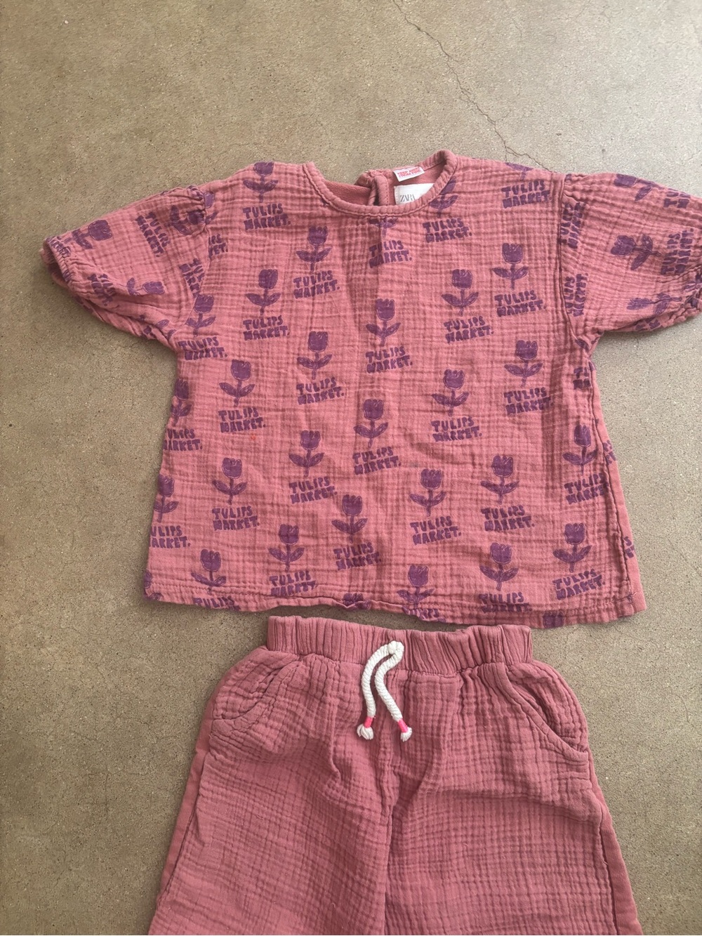 Zara Kids rose Pink tulip market matching set top & pants 100% cotton 116cm sz 6